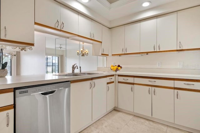 kitchen with a notable chandelier, white cabinetry, and stainless steel dishwasher