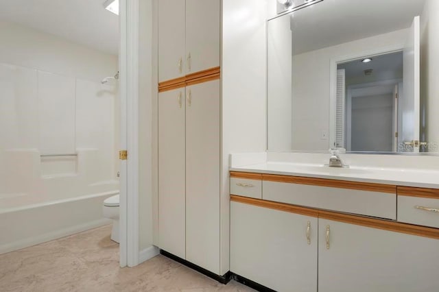 full bathroom featuring shower / bathtub combination, tile floors, toilet, and vanity