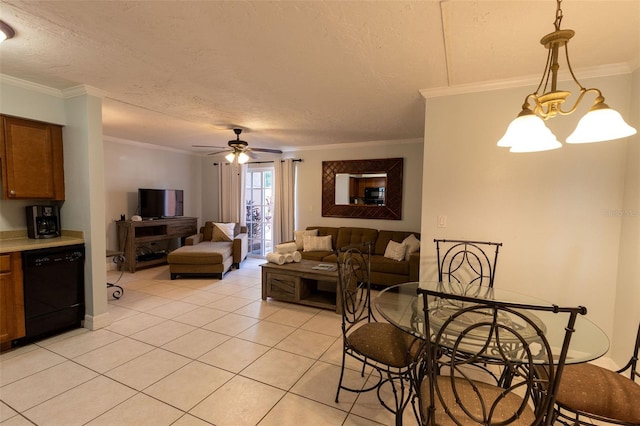 dining area featuring light tile floors, a textured ceiling, crown molding, and ceiling fan with notable chandelier