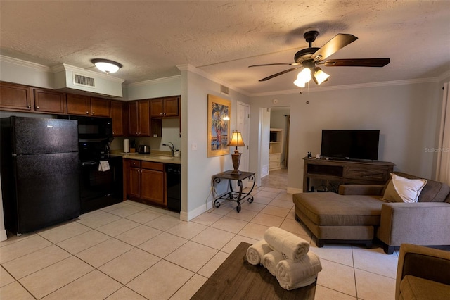 interior space with sink, ceiling fan, light tile flooring, and ornamental molding