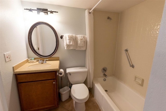 full bathroom with tiled shower / bath combo, toilet, oversized vanity, and tile flooring