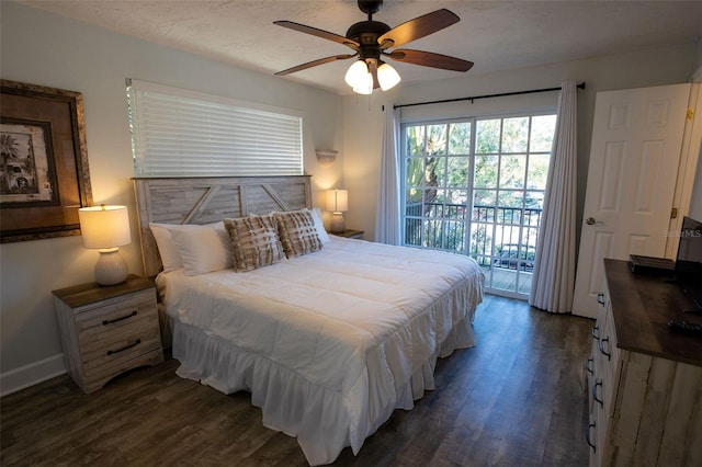 bedroom featuring ceiling fan, dark wood-type flooring, and access to outside