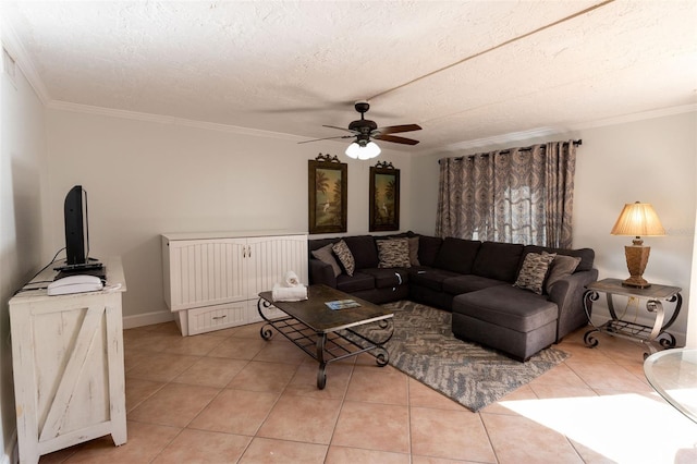 living room featuring crown molding, a textured ceiling, ceiling fan, and light tile floors