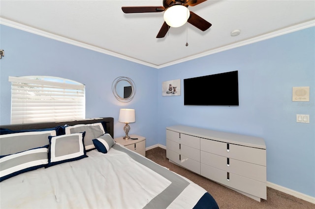 bedroom with light colored carpet, ornamental molding, and ceiling fan