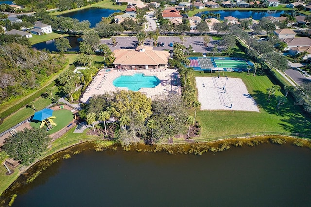 aerial view featuring a water view