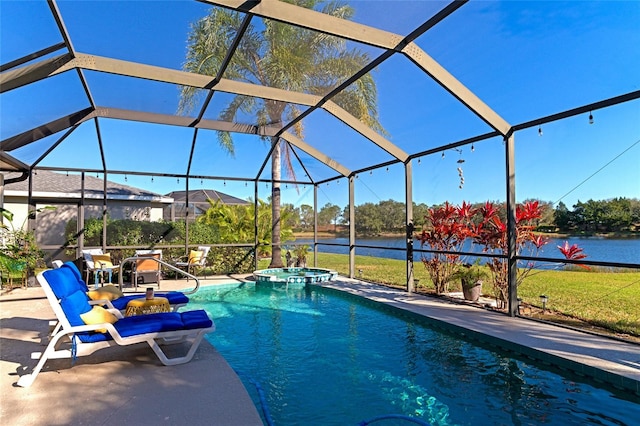 view of swimming pool with glass enclosure and a patio