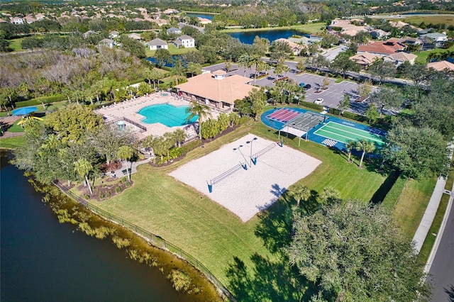 bird's eye view with a water view