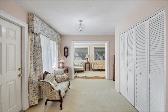 living area with light carpet