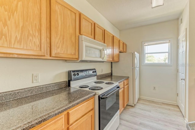 kitchen featuring light hardwood / wood-style flooring and white appliances