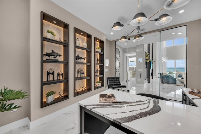 interior space featuring tile floors and a notable chandelier