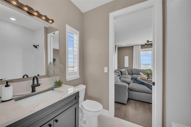 bathroom featuring toilet, hardwood / wood-style floors, and vanity