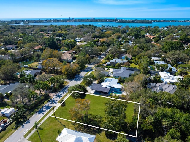 bird's eye view with a water view