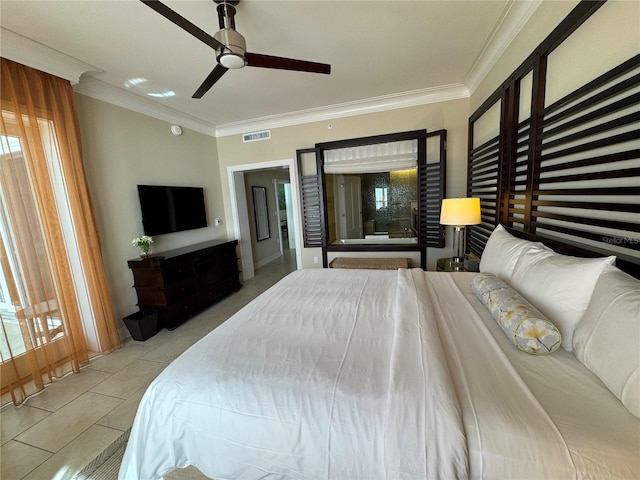 bedroom featuring light tile floors, multiple windows, ceiling fan, and ornamental molding