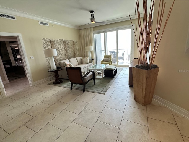 interior space with crown molding, ceiling fan, and light tile floors