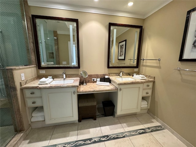 bathroom with ornamental molding, tile floors, double sink, and large vanity