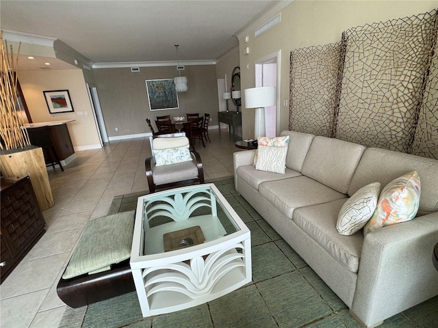 tiled living room with ornamental molding