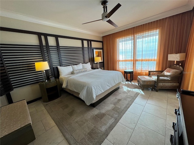 bedroom featuring light tile flooring, ceiling fan, and crown molding