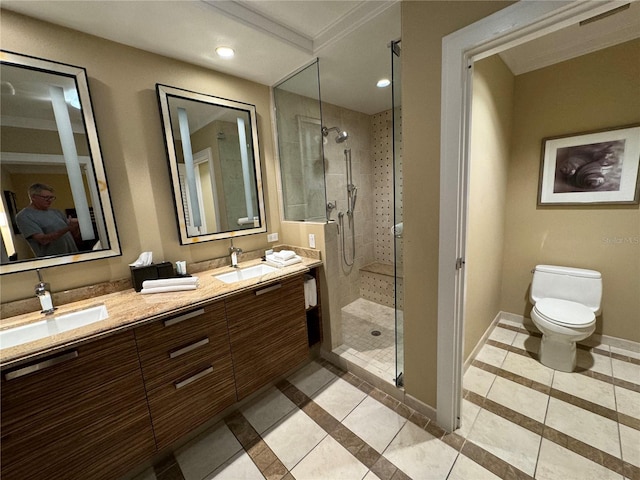 bathroom featuring walk in shower, toilet, tile floors, and dual vanity