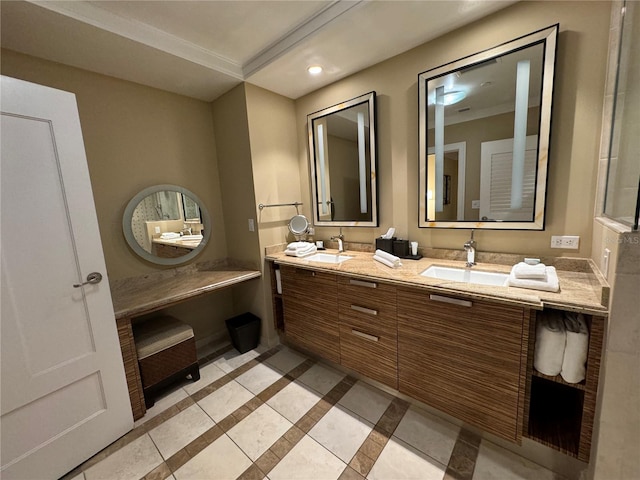 bathroom featuring tile flooring, dual sinks, oversized vanity, and crown molding