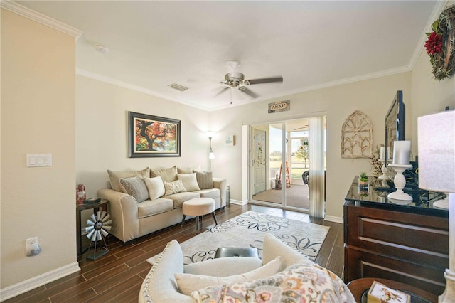 living room featuring ceiling fan, crown molding, and dark wood-type flooring