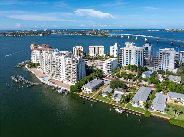 bird's eye view with a water view