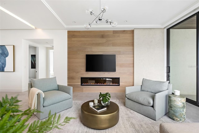 living room with a notable chandelier and wood walls