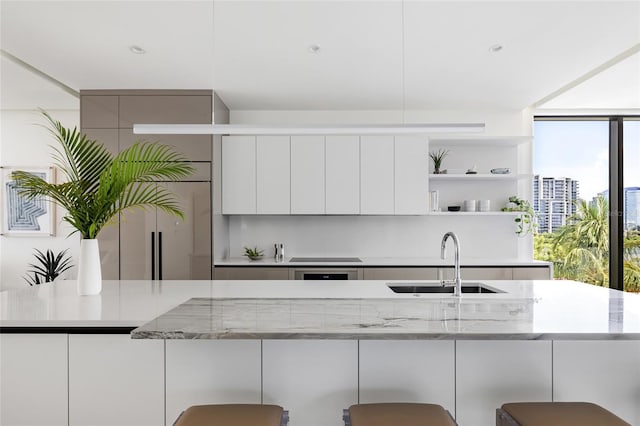 kitchen featuring sink, light stone counters, and white cabinets