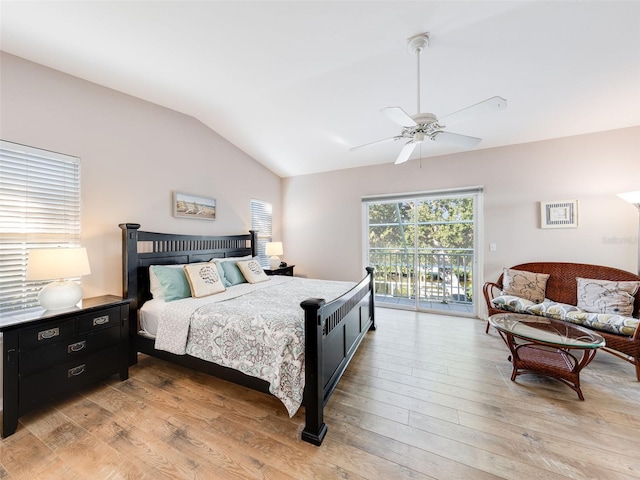 bedroom with vaulted ceiling, ceiling fan, access to outside, and light wood-type flooring