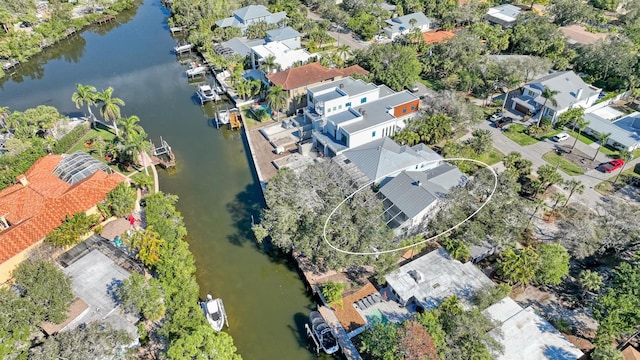 aerial view featuring a water view