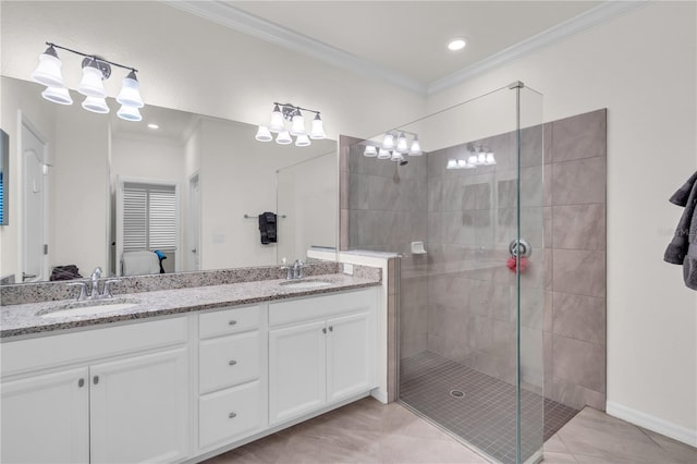 bathroom featuring vanity, tile patterned flooring, a tile shower, and ornamental molding