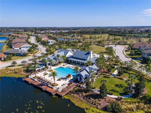 drone / aerial view featuring a water view