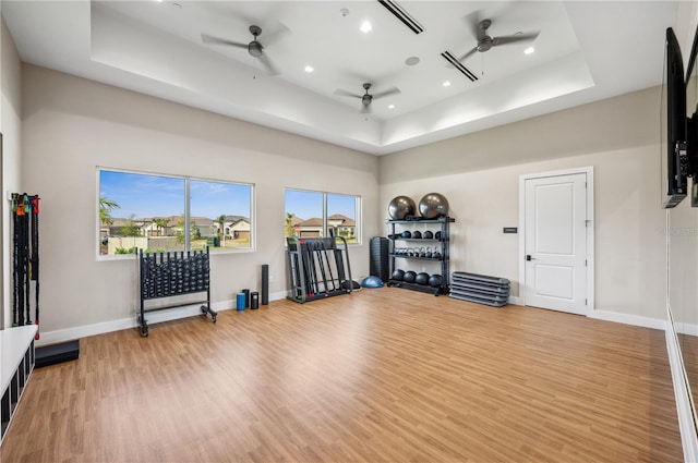 exercise room featuring a healthy amount of sunlight, a tray ceiling, light hardwood / wood-style floors, and ceiling fan