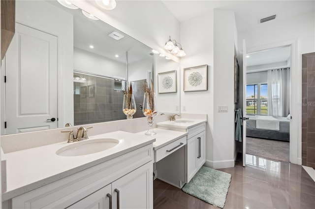 bathroom with double sink vanity and tile floors