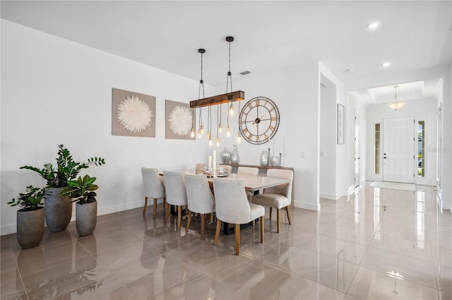 dining area featuring recessed lighting, marble finish floor, visible vents, and baseboards