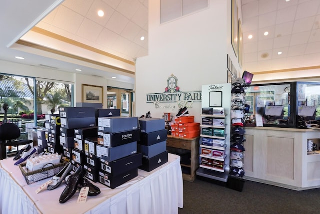 office featuring a tray ceiling and dark carpet