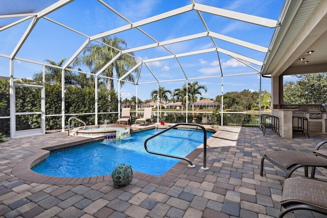 view of swimming pool featuring a patio, an in ground hot tub, glass enclosure, and a bar