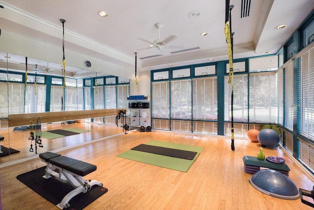 workout room featuring hardwood / wood-style flooring, ornamental molding, and a tray ceiling