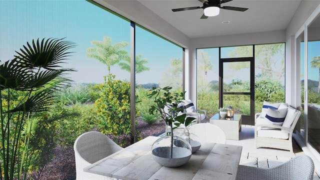 sunroom / solarium with ceiling fan and a wealth of natural light