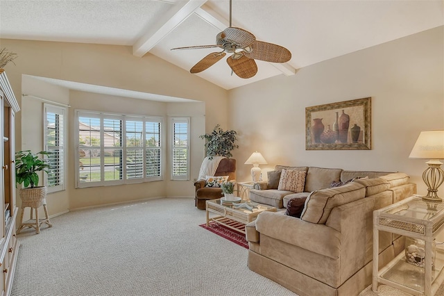 living room featuring vaulted ceiling with beams, ceiling fan, carpet floors, and a textured ceiling