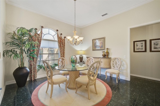 dining room with a notable chandelier, dark tile flooring, and crown molding