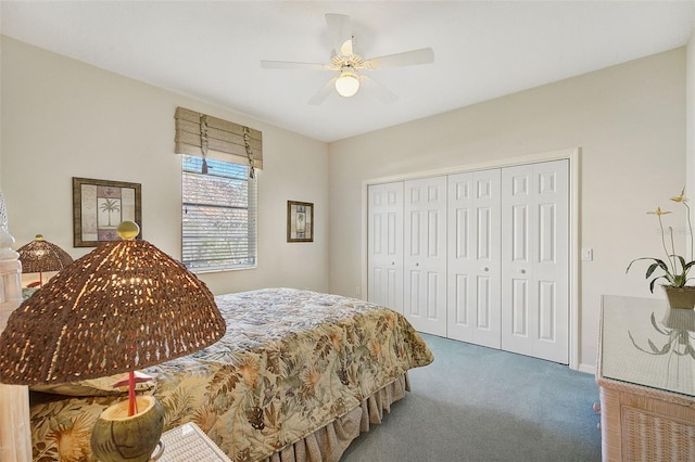 carpeted bedroom with ceiling fan and a closet