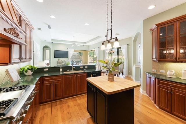 kitchen with a tray ceiling, ceiling fan, sink, light hardwood / wood-style flooring, and a kitchen island