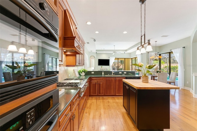 kitchen with tasteful backsplash, light hardwood / wood-style floors, a tray ceiling, and a center island