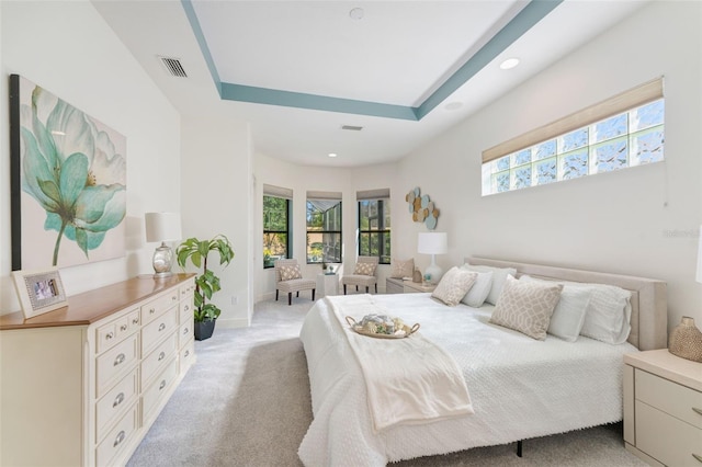 carpeted bedroom featuring a tray ceiling