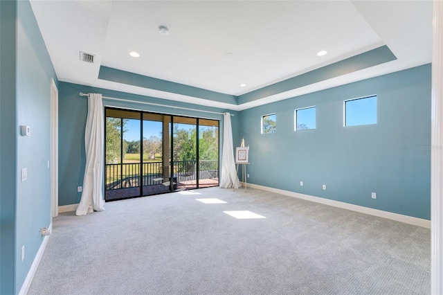 spare room featuring light carpet and a tray ceiling