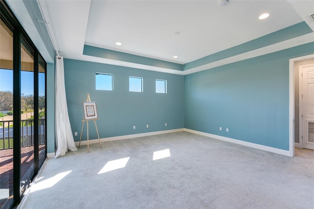 empty room with a raised ceiling and light colored carpet