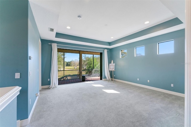 unfurnished room with a raised ceiling and light colored carpet