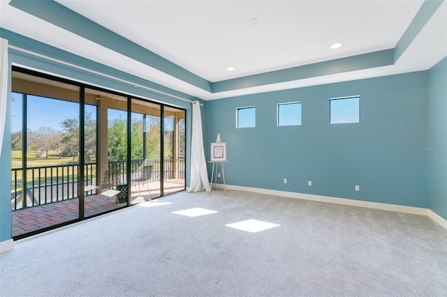 carpeted spare room with a raised ceiling