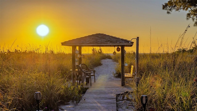 dock area featuring a water view and a gazebo