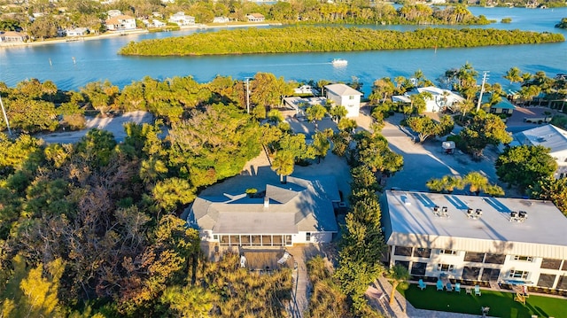 drone / aerial view featuring a water view